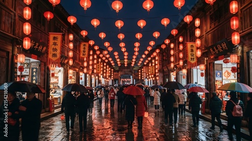 A vibrant street scene at night featuring glowing red lanterns during the traditional mid autumn festival china celebration with people walking under umbrellas in rain