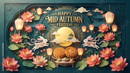 A beautiful paper cut art style illustration celebrating the traditional mid autumn festival china featuring glowing lanterns full moon lotus flowers and cute jumping rabbits