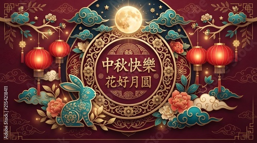 A festive illustration featuring a glowing full moon and traditional lanterns celebrating the mid autumn festival china with intricate gold patterns on a deep background