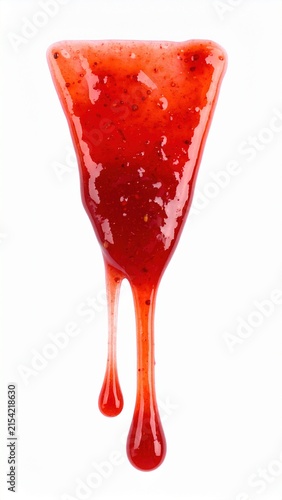 Close-Up of Vibrant Red Strawberry Jam Dripping Isolated on White Background