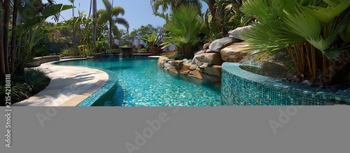 swimming pool at the bank of the luxurious beach glass platted with sierra blue water abstract backgroiund 
