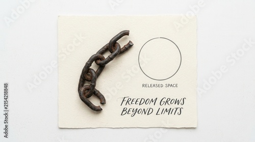 Broken rusty metal chains lying on textured paper with inspirational quote freedom grows beyond limits and empty circle representing released space for concept of liberation and personal