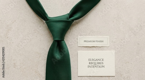 Dark green silk necktie neatly knotted and placed on a textured surface beside a minimalist card with motivational quote elegance requires intention and a premium finish label for professional