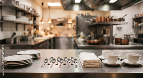 Restaurant kitchen pass prepared with clean plates, serving spoons, folded napkins, cups, and service accessories, ready for professional restaurant service and guest dining