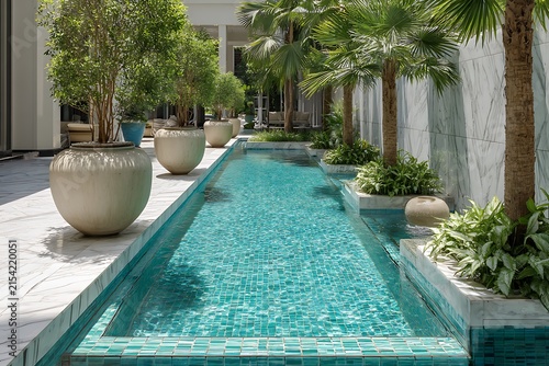 swimming pool at the bank of the luxurious beach glass platted with sierra blue water abstract backgroiund 