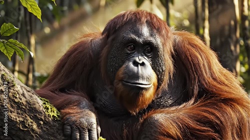Majestic orangutan resting on a moss-covered branch in a sun-dappled rainforest, close-up portrait