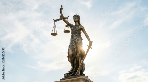 Majestic bronze Lady Justice statue stands tall against a bright sunlit sky holding scales and a sword representing fair legal judgment and integrity for courtrooms and law firms across entire nations