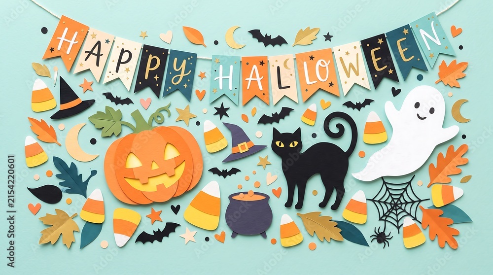 Fototapeta premium Festive halloween pattern with pumpkins ghosts cats and candy corn