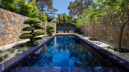 swimming pool at the bank of the luxurious beach glass platted with sierra blue water abstract backgroiund 