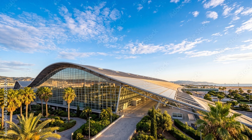 Fototapeta premium Modern Airport Terminal Building Architecture Exterior at Sunset