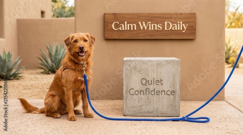 Friendly scruffy dog sitting by a concrete block with quiet confidence text and a wooden sign saying calm wins daily in a desert garden setting, representing peace, mindfulness, and pet well being ok.