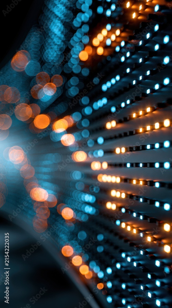 Fototapeta premium Abstract futuristic panel with glowing orange and blue lights creating a digital network effect in a dark environment for technology concept background