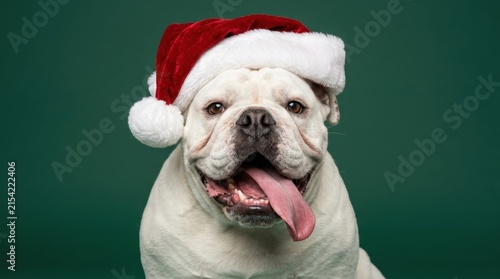 Happy English Bulldog wearing a red Santa hat posing against a green background with its tongue out, celebrating Christmas holidays with a joyful and festive expression for seasonal decorations today.