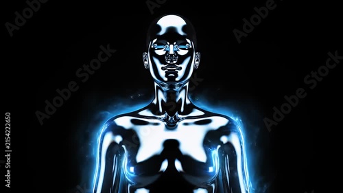 Glowing chrome human bust against a dark black background.