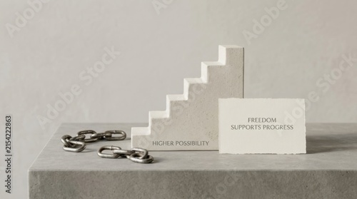 Minimalist concrete stairs and broken metal chains symbolize career success and personal liberation through progress, creating a powerful concept of freedom and higher possibility for growth here now.
