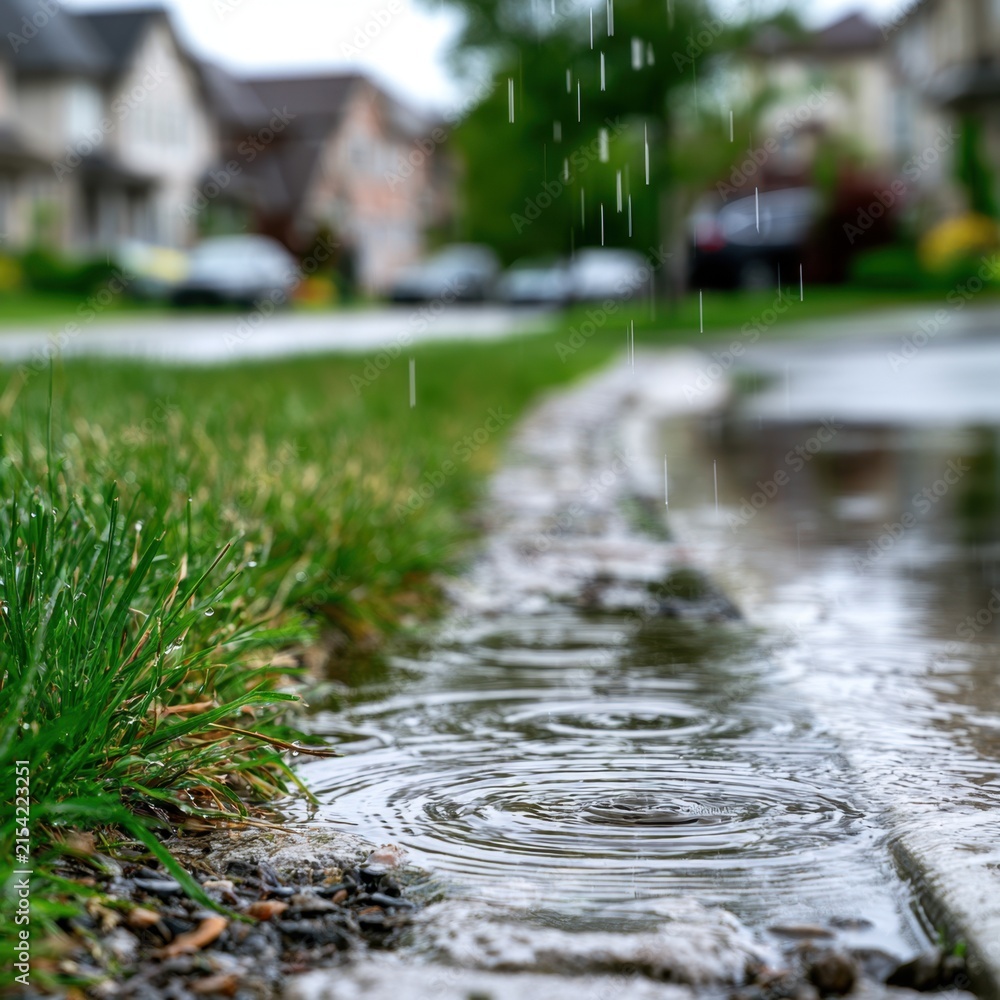 Fototapeta premium Rainwater falling into a puddle on a suburban sidewalk with green grass and blurred houses in the background during a wet day