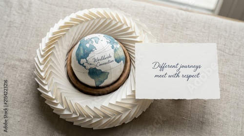 Minimalist paper globe with worldwide connection text sits in a paper wreath beside a message card about respect and journeys, highlighting global unity, cultural diversity, and international harmony.