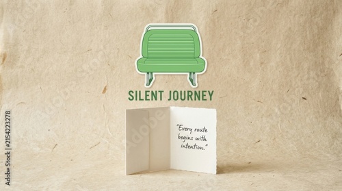 Minimalist green bus seat illustration with silent journey text and inspirational quote on textured craft paper background, perfect for travel concepts and mindfulness branding or greeting cards now.