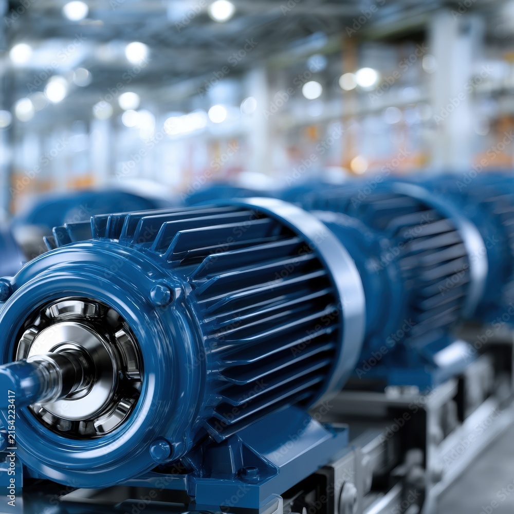 Fototapeta premium Industrial modern blue electric motors aligned in a factory assembly line with a focus on the detailed rotor and shaft for manufacturing and engineering use