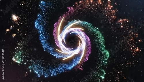 Glowing particle trails shooting through dark space.