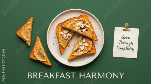 Peanut butter toast with almonds and chia seeds on a dark green background. A delicious healthy meal representing breakfast harmony and simple morning wellness routines. Ideal for food blog promotion.