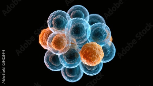 Cluster of translucent spheres, some glowing orange, against a black void