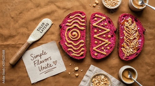 Three slices of vibrant pink beetroot bread are decorated with intricate peanut butter patterns on a rustic brown fabric background alongside a wooden spatula and bowls of crushed peanuts for meal.