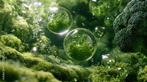 Close-up of vibrant green broccoli florets and bubbles in water, lush