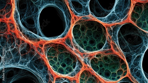 Abstract network of connected cells or organic structures with glowing blue and orange hues