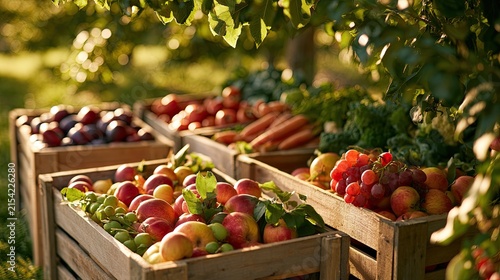 Crate harvest of fresh, colorful fruits and vegetables outdoors