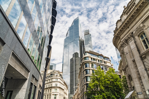 View of the Leadenhall Building surrounded by historic and modern architecture in the City of London, London, England, United Kingdom.