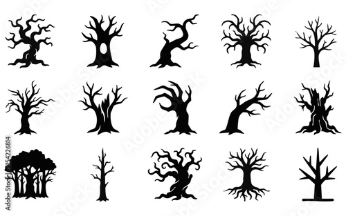 Collection of silhouetted bare trees with detailed roots and branches in various spooky and natural forms
