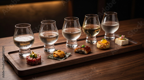 A premium Japanese sake tasting flight paired with miniature designer gourmet appetizers. Plating on a modern wooden tray under moody lighting in a high-end restaurant.