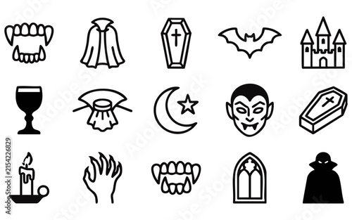 Black and white halloween line art icons depict spooky elements including vampires coffins haunted houses and other festive designs for celebrations