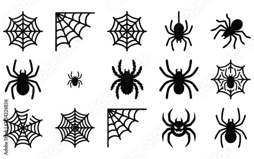 A spooky collection of black spider silhouettes with intricate web designs ideal for halloween projects and seasonal decorations throughout the autumn season