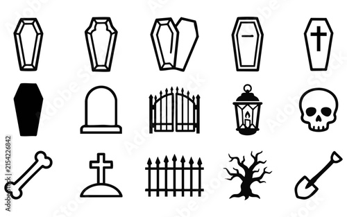 Halloween black line art icons depict coffins tombstones gates skulls spooky trees and other elements for festive holiday themed graphic designs