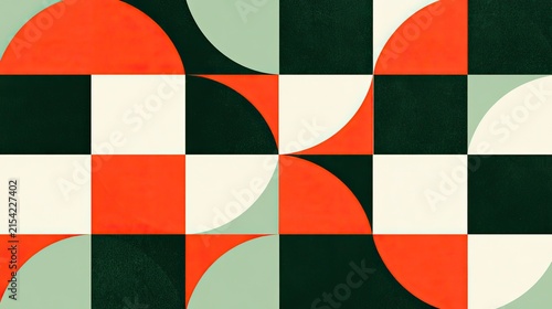 Geometric abstract pattern with warm and cool colors, creating a dynamic visual