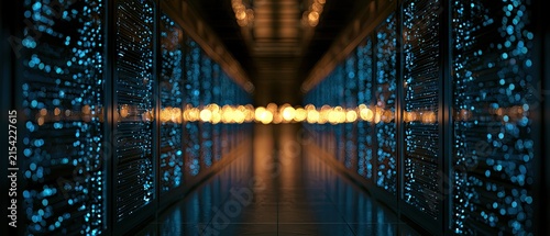 Rows of glowing blue lights in a futuristic server room