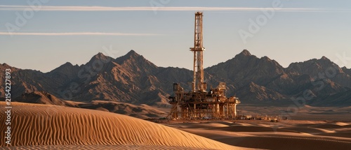 Desert landscape with sand dunes and a tall drilling rig in the background