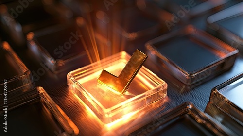 Golden checkmark glows brightly within a lit glass square amidst others