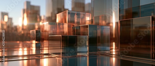 Abstract geometric forms of reflective glass cubes bathed in warm sunlight