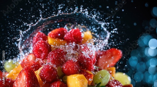 Fresh fruit medley splashes with water droplets against dark bokeh