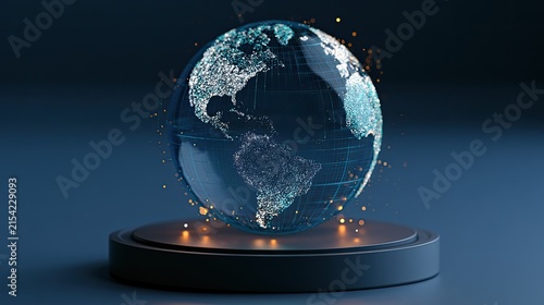 A glowing digital globe featuring illuminated continents on a sleek podium