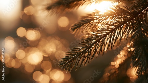 Sunlit evergreen branch with blurred warm lights in background