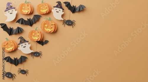 Halloween flat lay corner border with ghosts bats and pumpkins