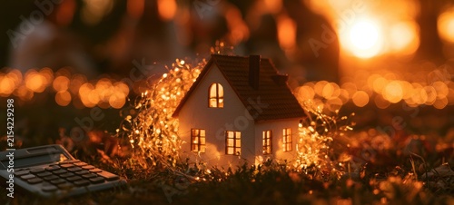 A miniature house, illuminated by fairy lights, sits outdoors next to a calculator