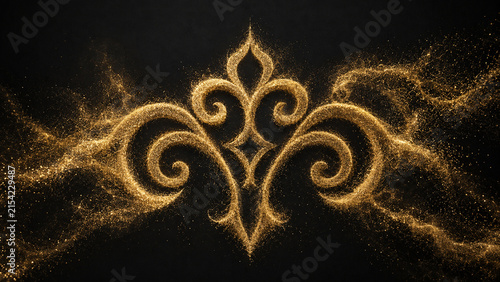 A luminous golden Kyrgyz ornament emerges from sparkling particles on black, creating a premium background for Central Asian culture, heritage events, branding and festive designs.