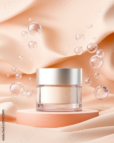 luxury skincare jar surrounded by floating water droplets and soft silk texture, minimal beauty advertising concept, empty space for text, ultra realistic
