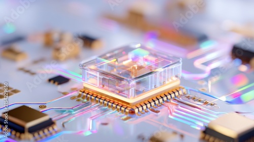 Macro photography of a futuristic photonic microchip made of transparent glass and gold circuits, light shining through creating rainbow patterns