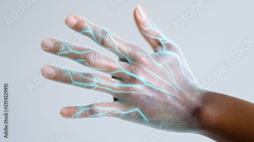 Macro shot of a human palm, subtle glowing cyan circuit lines visible under the skin, translucent aesthetic, minimalist white background, focus